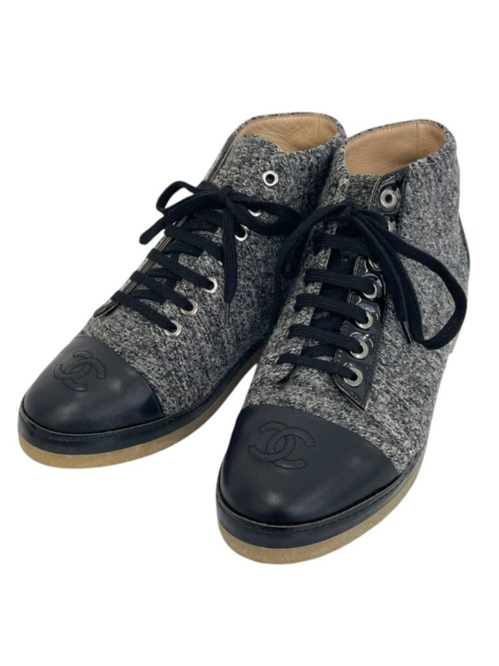 Chanel CC Logo Tweed Lambskin High Top Sneakers Gray Black Spring Summer